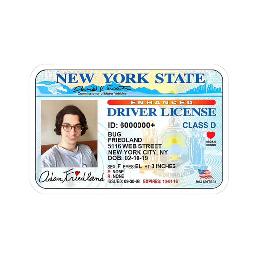 Adam Bug New York State Driver License Sticker